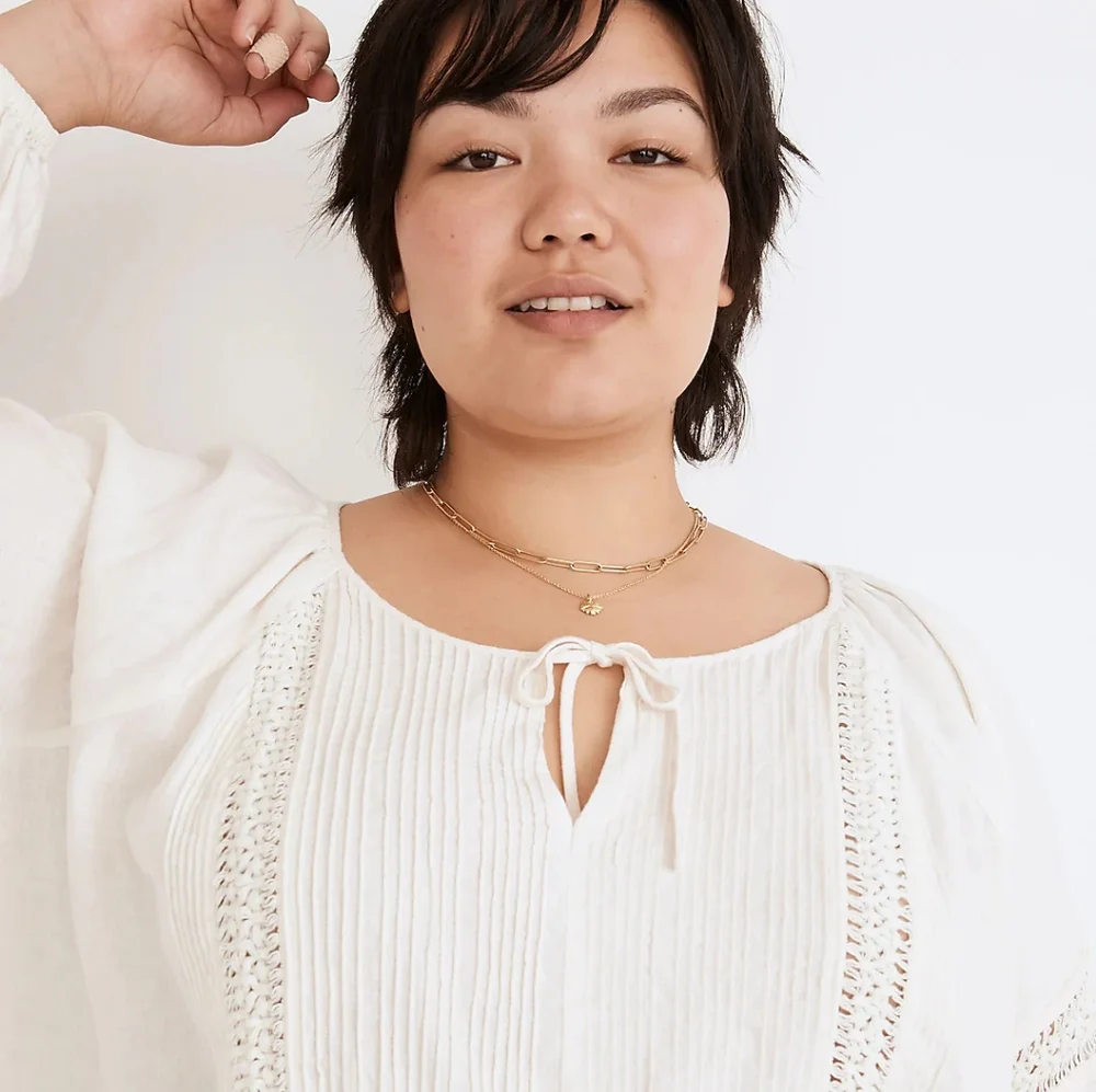 Madewell Plus Linen-Blend Pintuck Peasant Top NWT - Picture 4 of 5